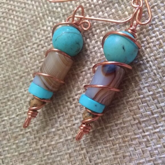 Aqua Turquoise & Tan Stack Stone Earrings ~ Handmade Copper Wire Wrap & Ear Wire - Picture 10 of 11